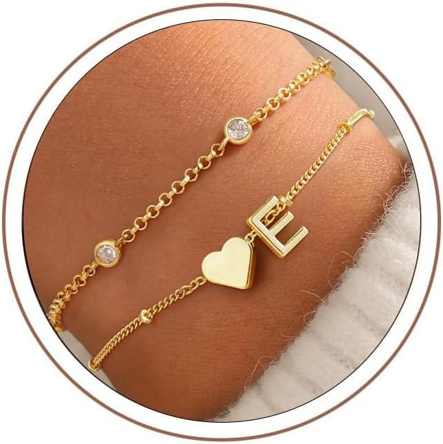 Turandoss Heart Initial Bracelets for Teen Girls Kids Gifts Trendy Stuff Dainty 14K Gold Plated Layered Letter Bracelets, Birthday Ideal Gifts for 6 7 8 9 10 11 12 13 14 15 16 Years Old Girl