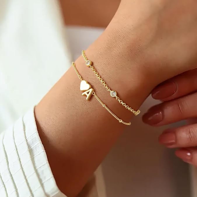Turandoss Heart Initial Bracelets for Teen Girls Kids Gifts Trendy Stuff Dainty 14K Gold Plated Layered Letter Bracelets, Birthday Ideal Gifts for 6 7 8 9 10 11 12 13 14 15 16 Years Old Girl