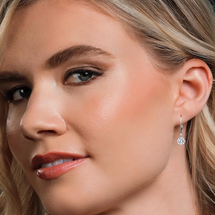 Gem Stone King 0.5-1.5 Ctw Round Lab Grown Diamond Dangle Earrings 14K White Gold | E-F Color | VVS-VS Clarity | Leverback Drop Earrings | April Birthstone | Gold Jewelry Gift for Women Her