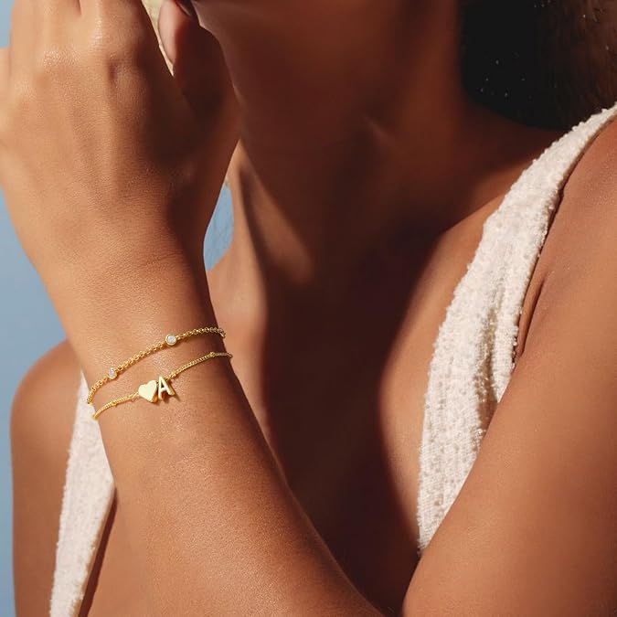 Turandoss Heart Initial Bracelets for Teen Girls Kids Gifts Trendy Stuff Dainty 14K Gold Plated Layered Letter Bracelets, Birthday Ideal Gifts for 6 7 8 9 10 11 12 13 14 15 16 Years Old Girl