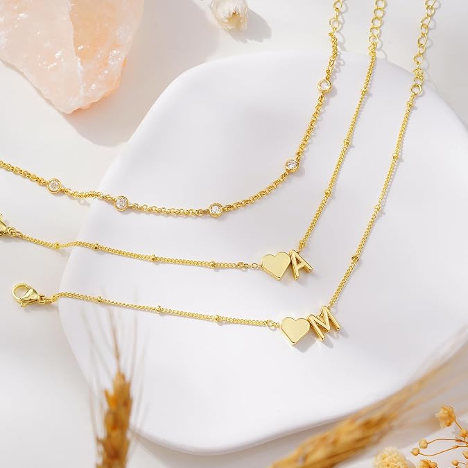 Turandoss Heart Initial Bracelets for Teen Girls Kids Gifts Trendy Stuff Dainty 14K Gold Plated Layered Letter Bracelets, Birthday Ideal Gifts for 6 7 8 9 10 11 12 13 14 15 16 Years Old Girl