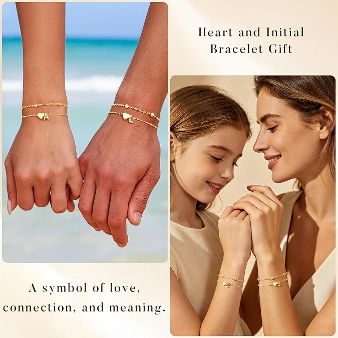 Turandoss Heart Initial Bracelets for Teen Girls Kids Gifts Trendy Stuff Dainty 14K Gold Plated Layered Letter Bracelets, Birthday Ideal Gifts for 6 7 8 9 10 11 12 13 14 15 16 Years Old Girl